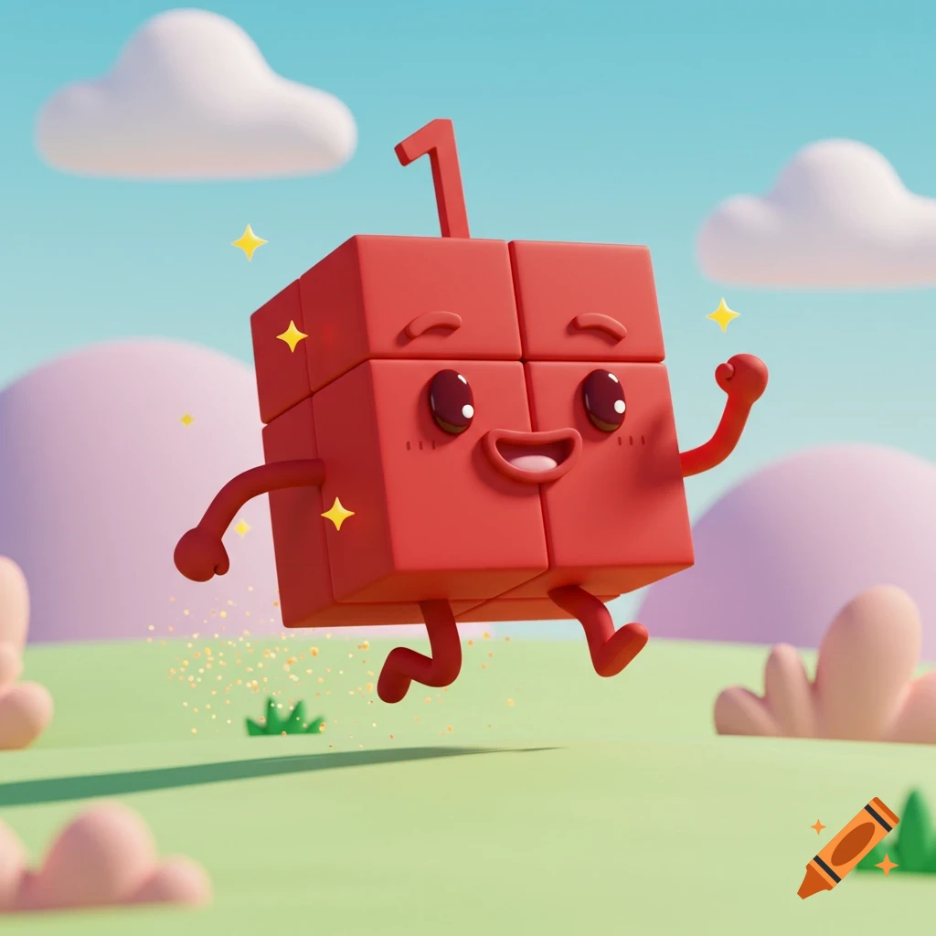 A happy, red block character with the number 1 on its head, sparkling and running across a green, whimsical landscape under a blue sky.
