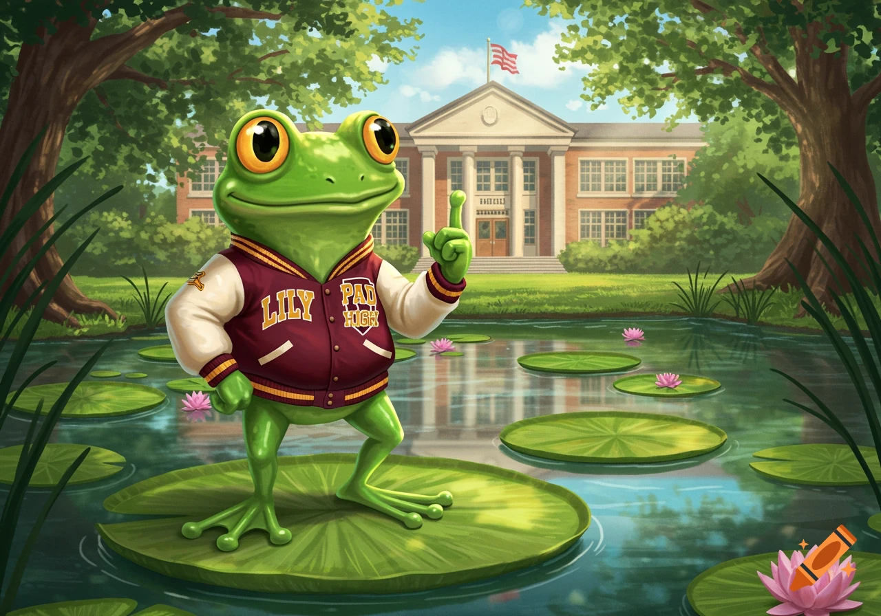 A cartoon green frog wearing a maroon and white varsity jacket stands on a lily pad in a pond, pointing up, with a school building in the background.