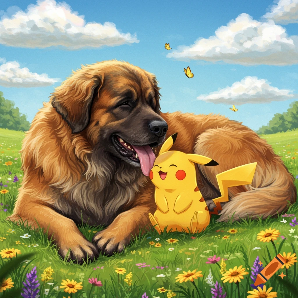 A large brown Leonberger dog gently licks a smiling Pikachu in a vibrant green meadow filled with colorful flowers.