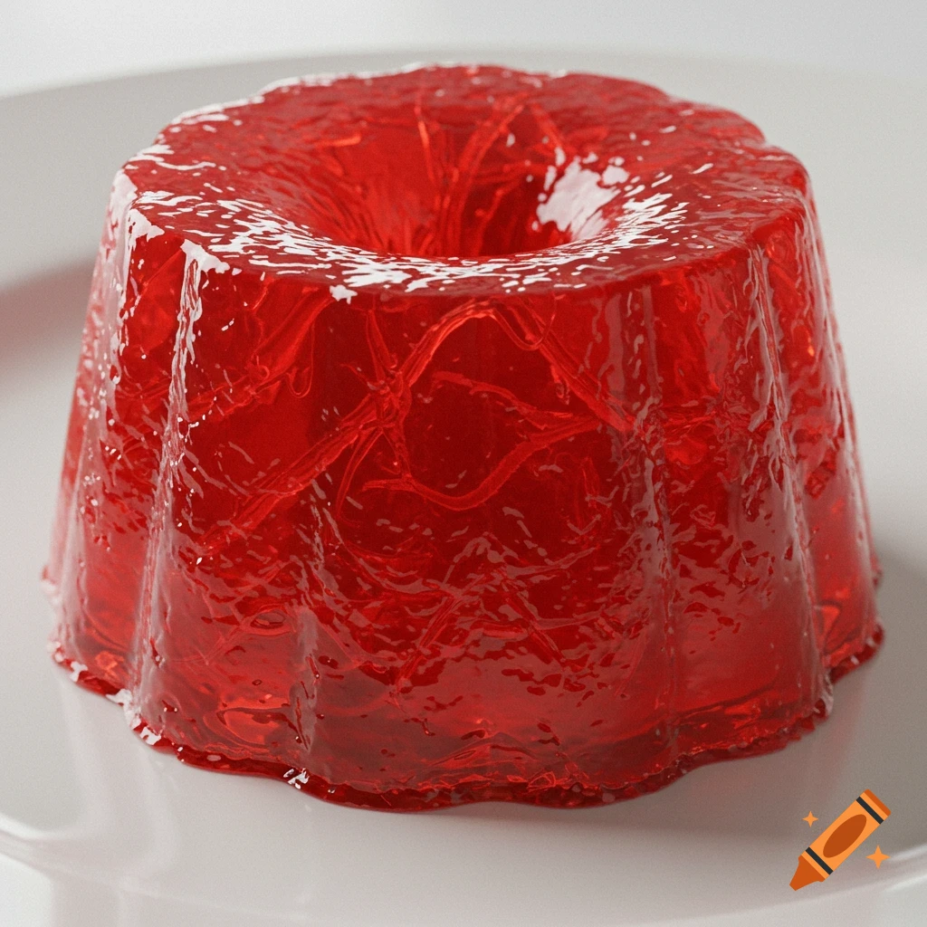 A close-up of a red, molded jello dessert on a white plate, showing gelatinous texture.