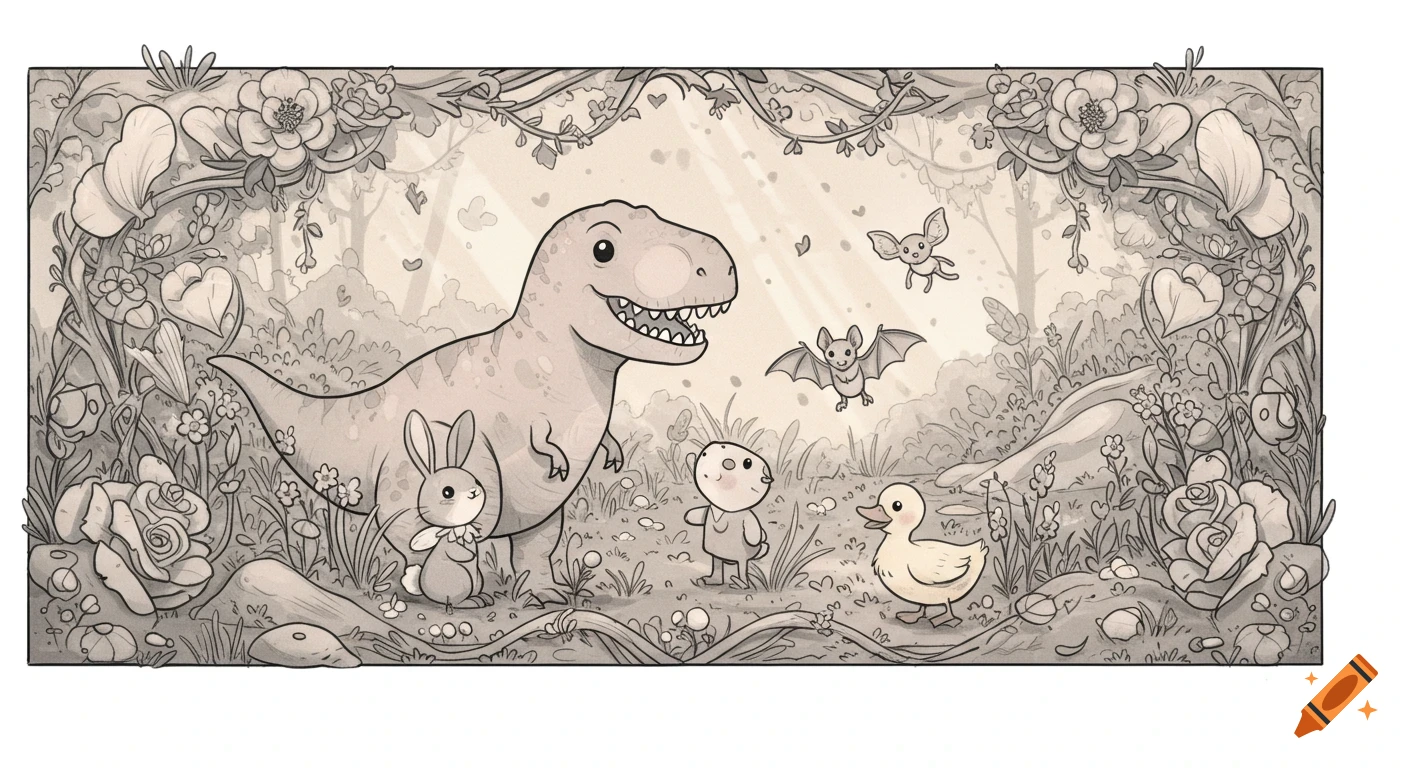 A whimsical black and white illustration of a T-Rex, bunny, duckling, bats, and a small humanoid in a forest.