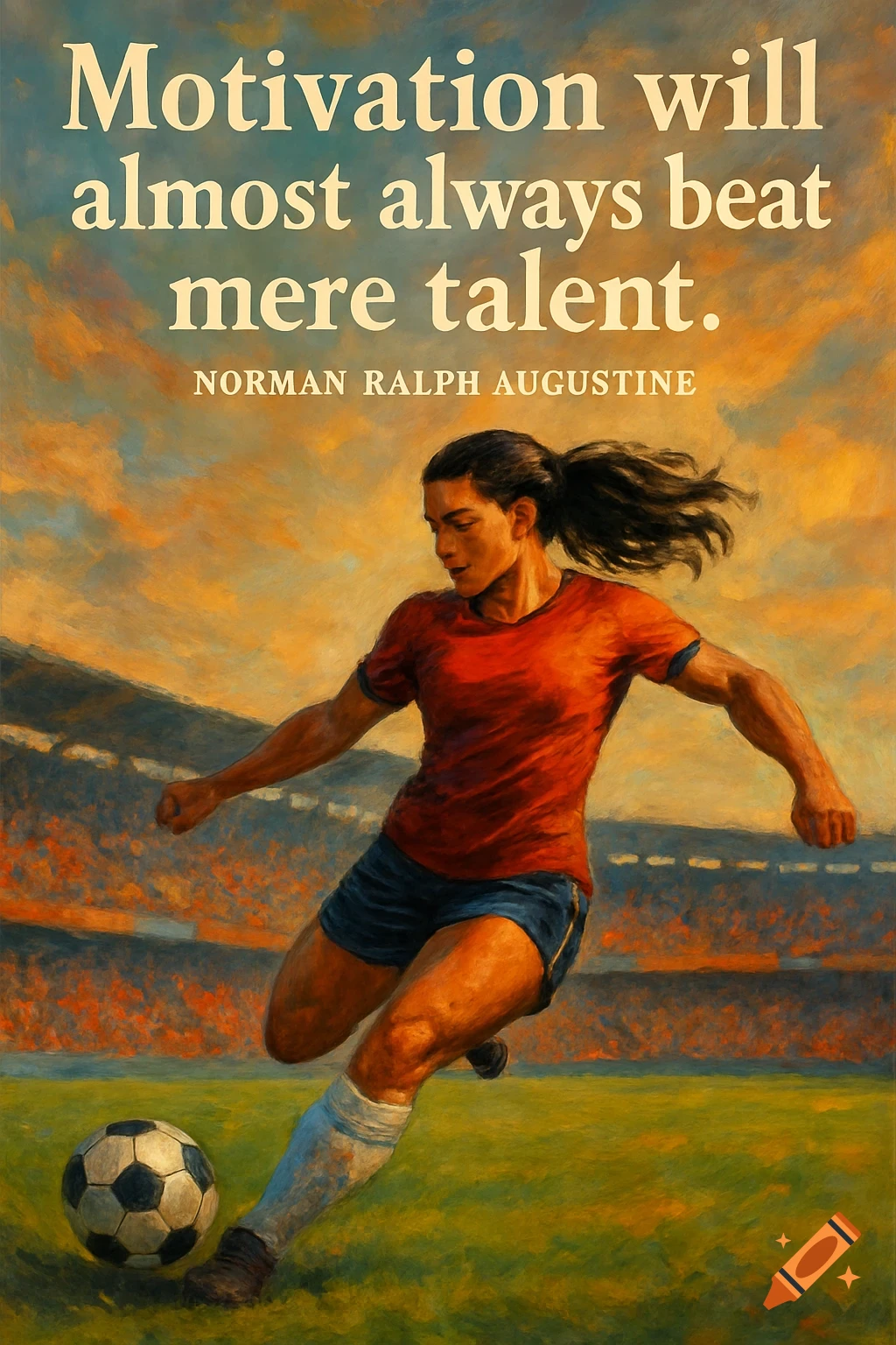 A painted image of a female soccer player kicking a ball on a field in a stadium, with a motivational quote above.