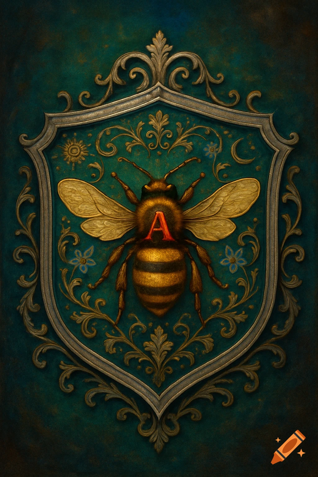 Ornate crest with a golden bee featuring a red 'A' on its back, set against a dark teal background with gold filigree.