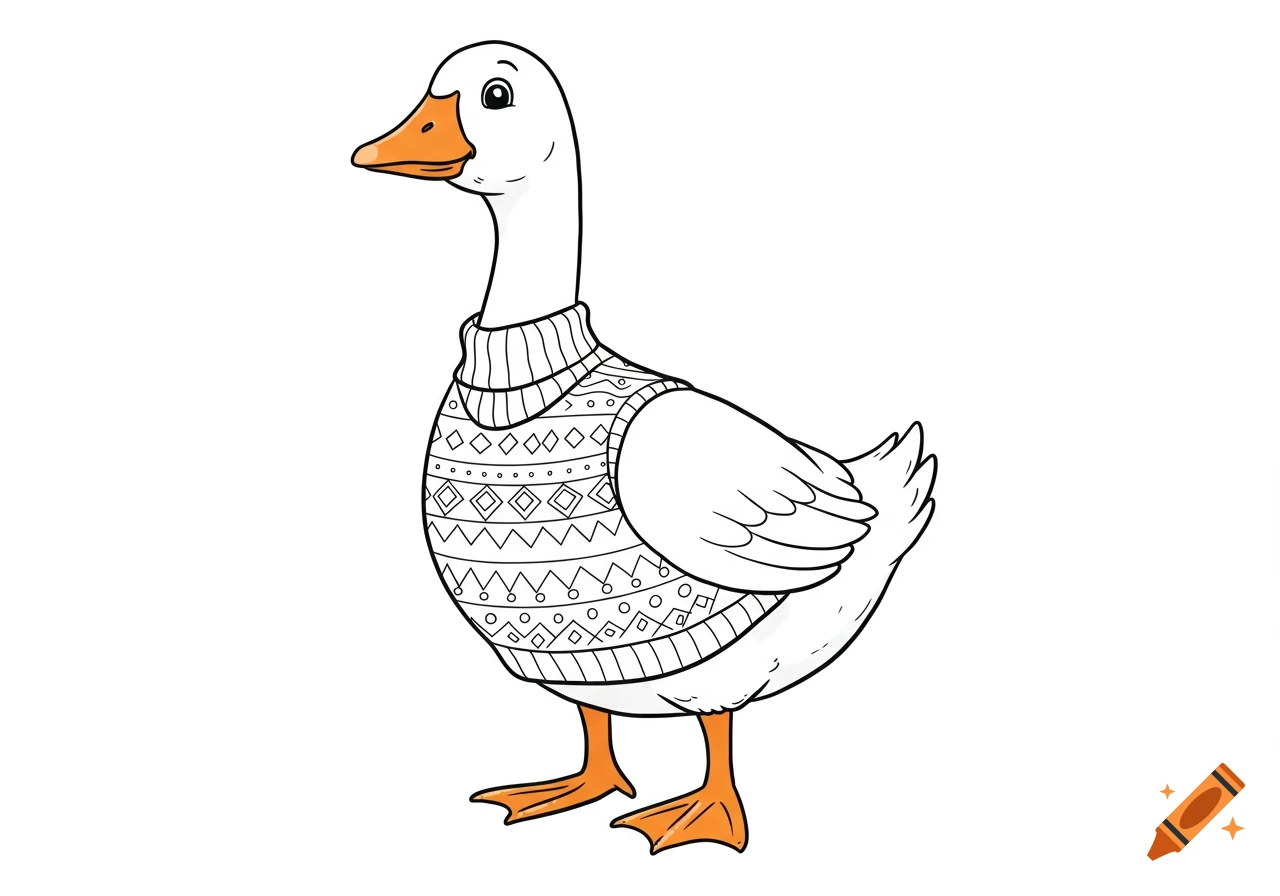 A happy cartoon white goose wearing a patterned sweater vest stands on a white background, drawn in a coloring page style.