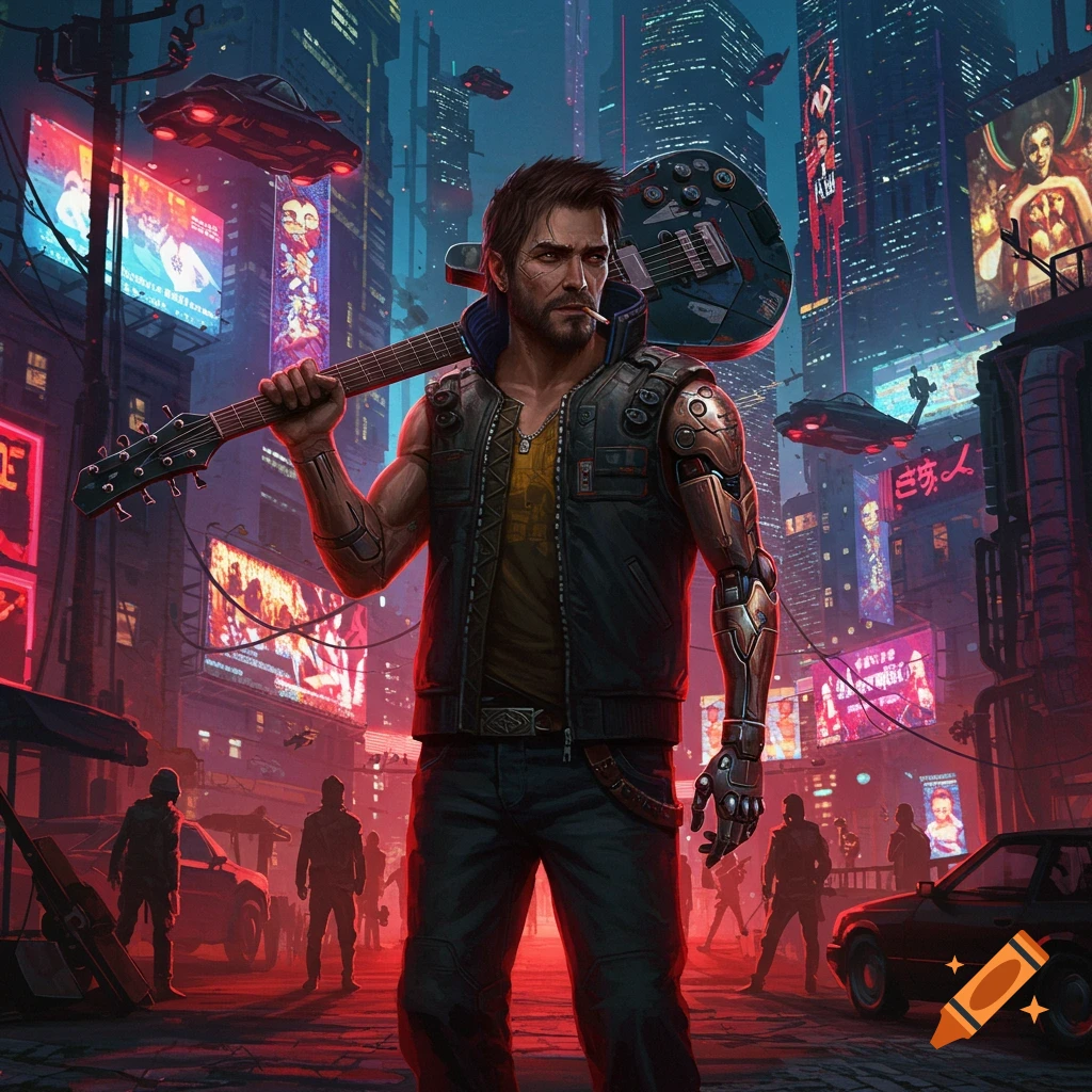 A man with a guitar and cybernetic arm stands in a vibrant, neon-lit cyberpunk city street.