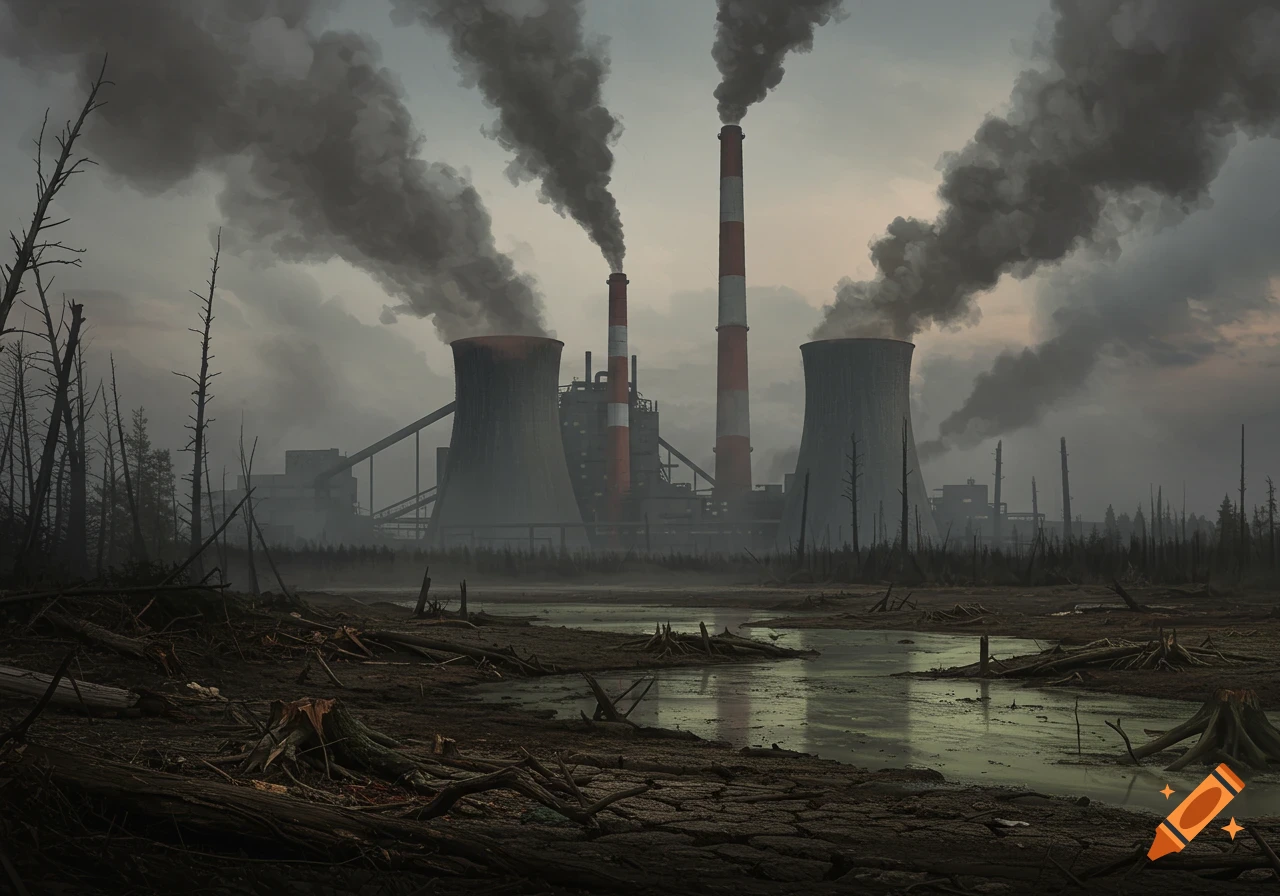 A power plant with smoking chimneys and cooling towers in a desolate landscape with dead trees and murky water under a smoky sky.