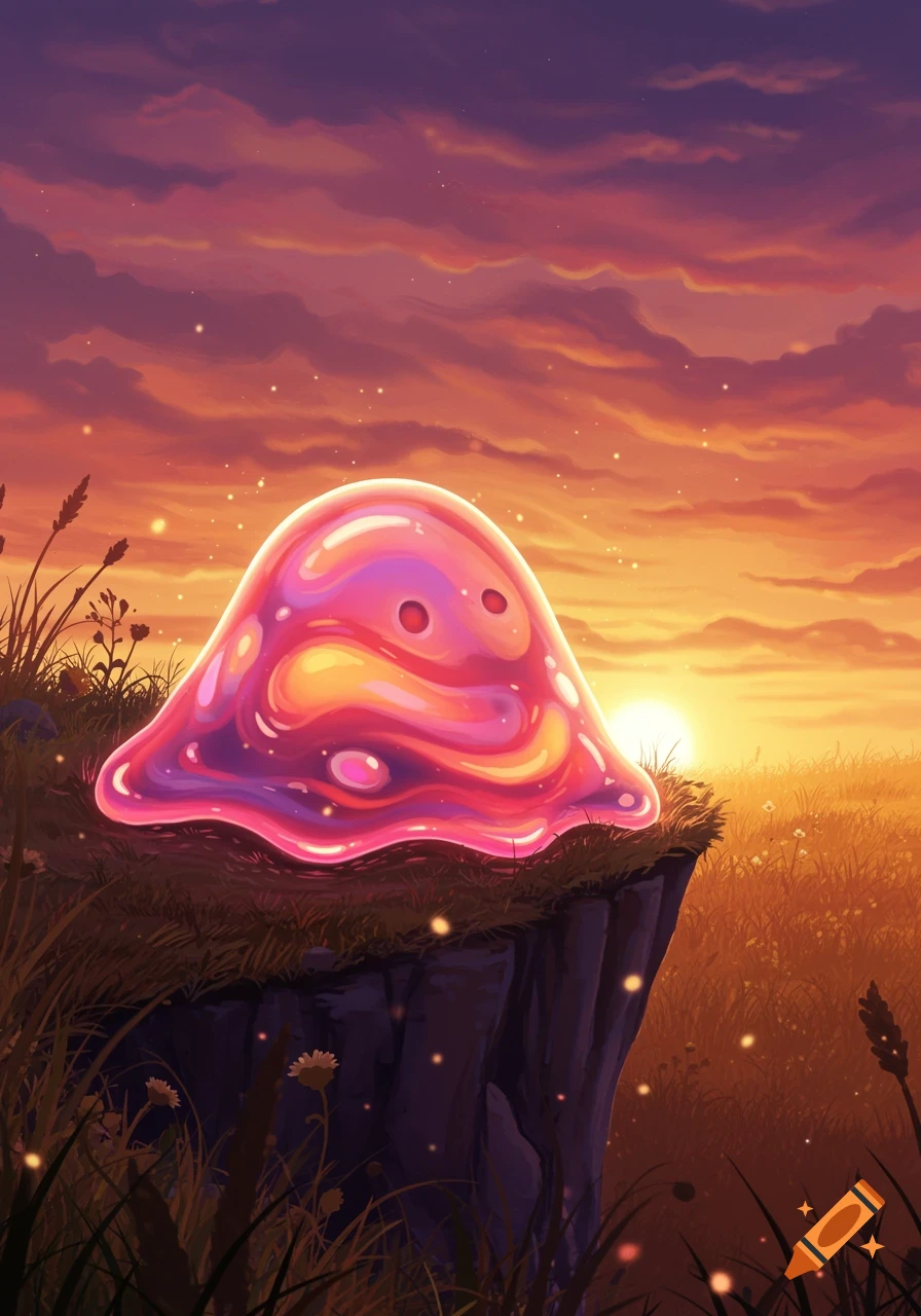 Glowing pink slime creature on a grassy cliff at sunset, digital art.
