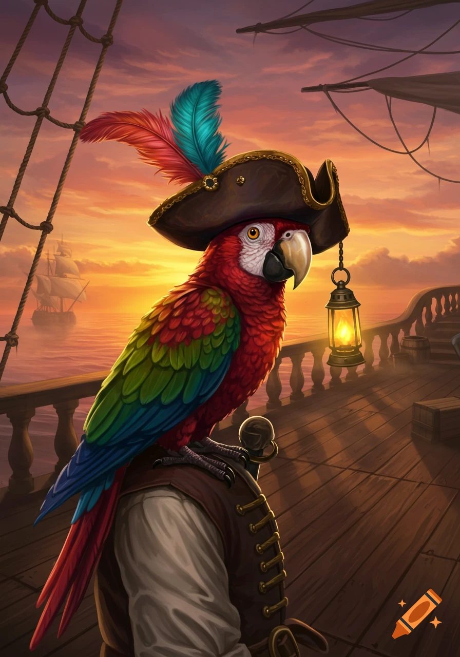 A vibrant parrot wearing a pirate tricorne hat, perched on a ship's rail at sunset in a fantasy illustration.