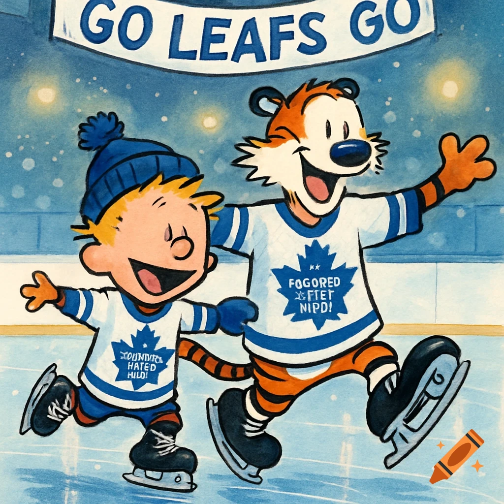 Cartoon of Calvin and Hobbes ice skating in Toronto Maple Leafs jerseys on a rink under a "GO LEAFS GO" banner.