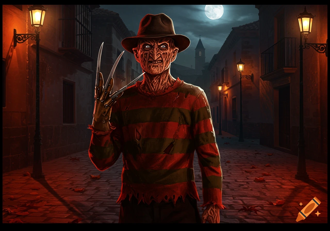 Stylized art of Freddy Krueger with a burned face, striped sweater, and clawed glove standing on a dark, lamp-lit cobblestone street under a full moon.