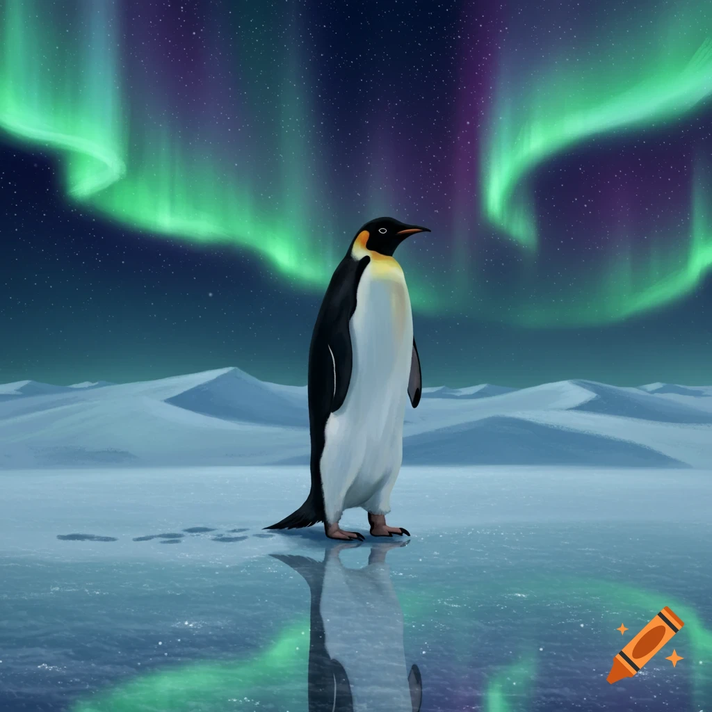 An emperor penguin stands on ice with a vibrant green and purple aurora borealis in the night sky behind it.