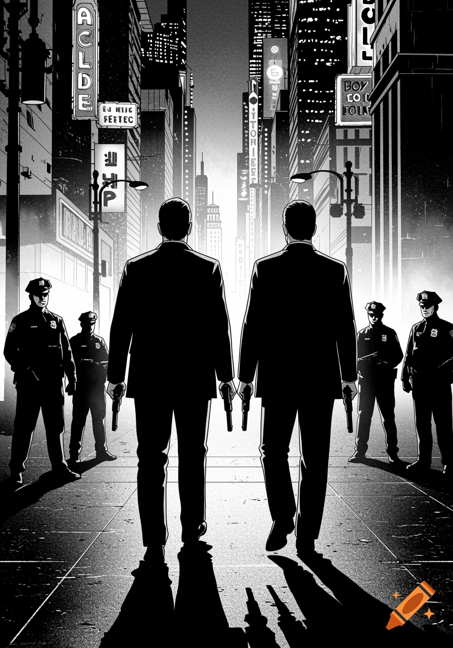 Two men in suits, seen from behind with pistols, walk down a stylized black and white city street away from police officers.
