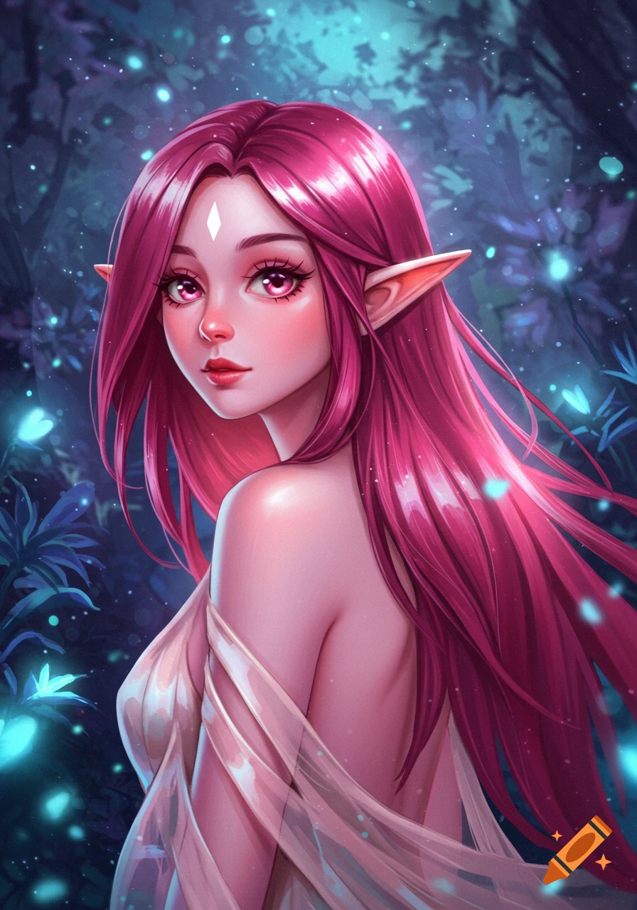 An anime illustration of an elf girl with long pink hair and pink skin, looking over her shoulder in a magical, glowing forest.