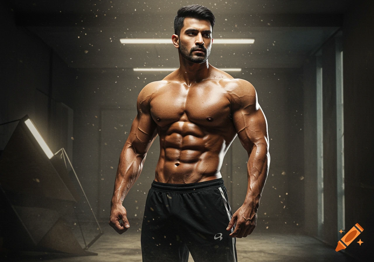 Muscular man with a beard stands shirtless in a dimly lit gym with bright lights, showcasing his physique. Photorealistic.