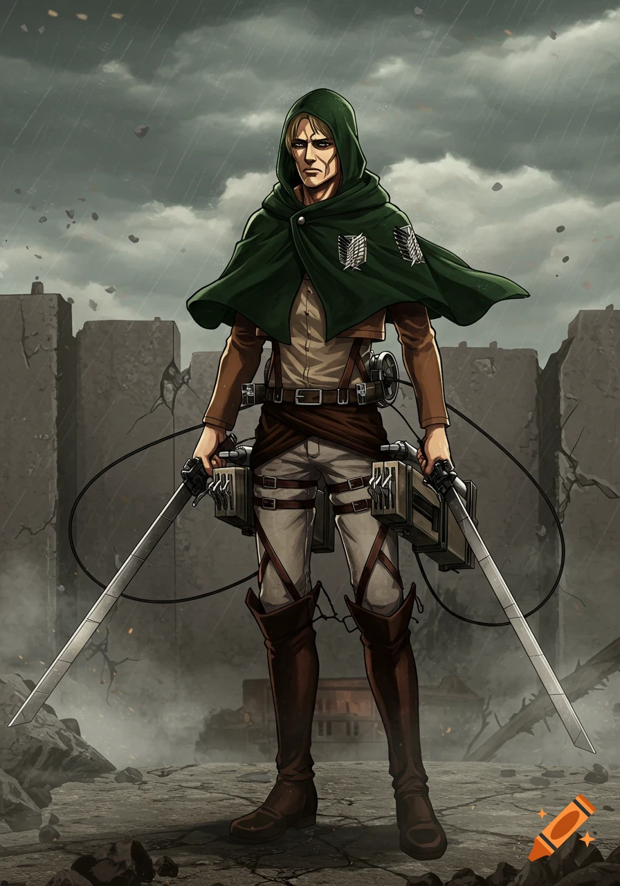 Anime character in a green hooded cloak and brown uniform, holding two swords, standing in a ruined city.