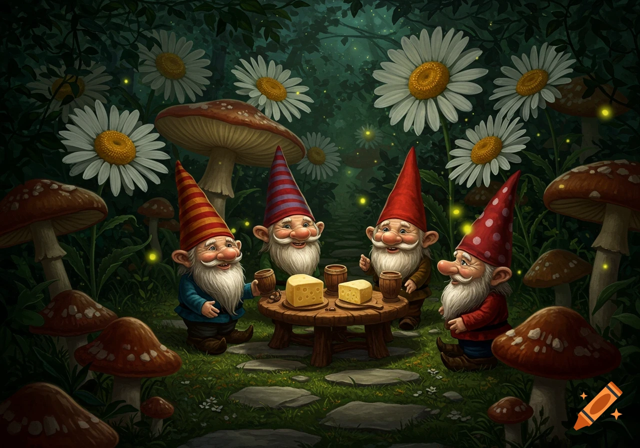 Four smiling gnomes with pointy hats and long beards share cheese at a table in a magical forest with mushrooms and daisies.