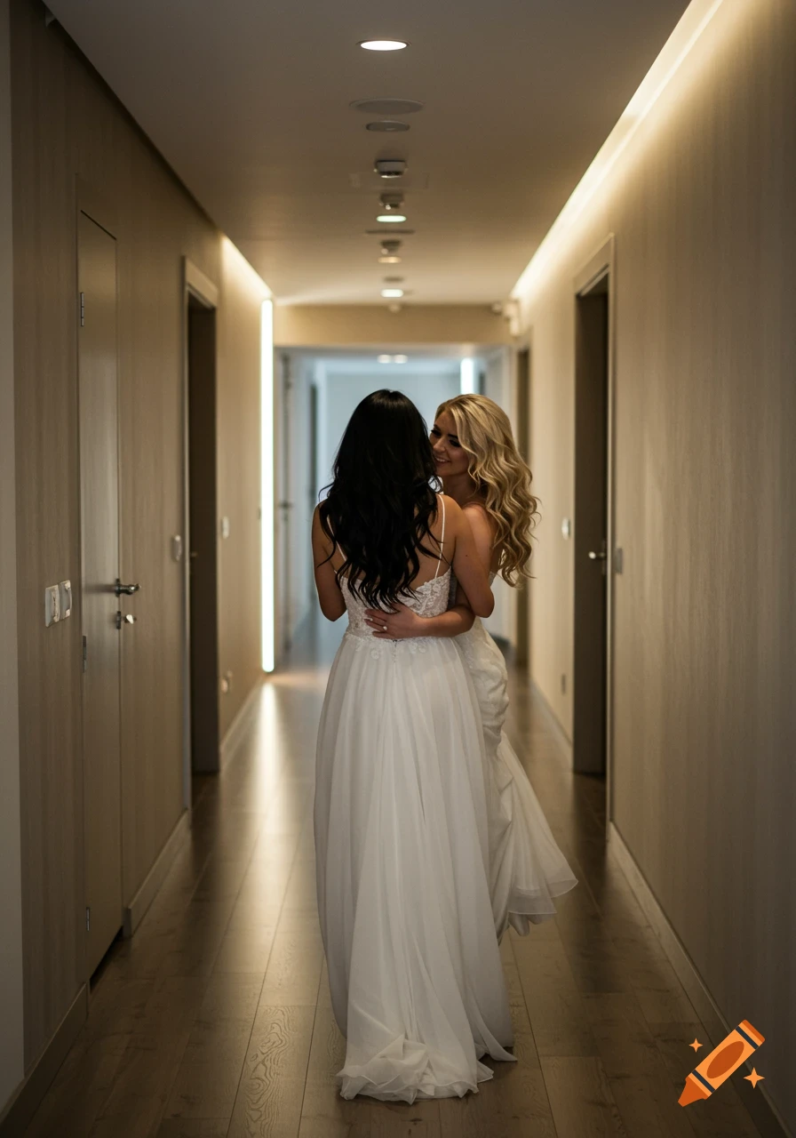Two brides embrace in a well-lit hallway, one with dark hair, the other blonde and smiling.