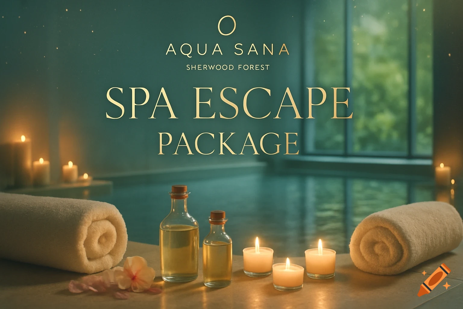 Spa Escape Package voucher with candles, oils, rolled towel, and text 'Aqua Sana Sherwood Forest Spa Escape Package'.