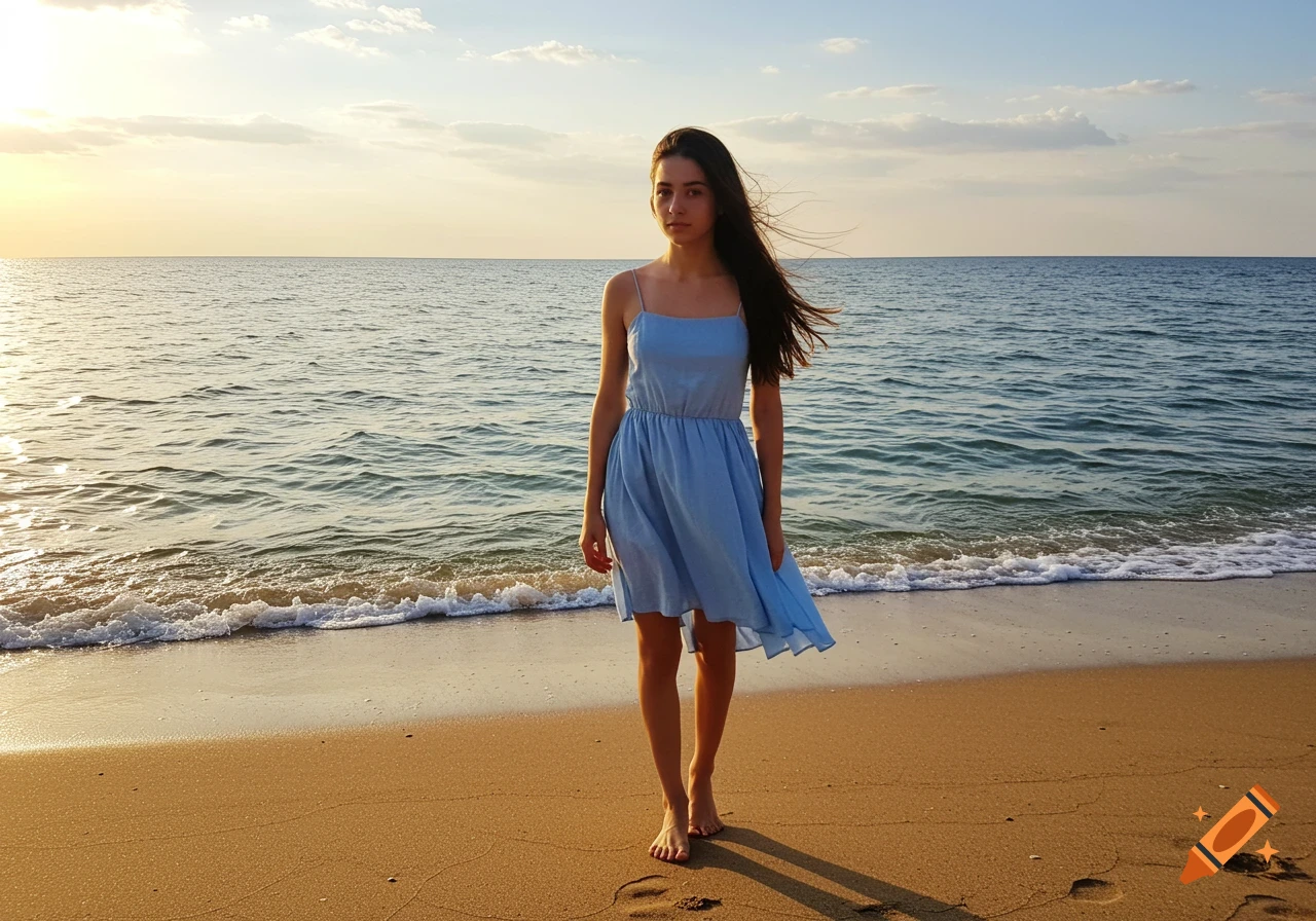A young woman in a blue dress stands barefoot on a sandy beach at sunset, with the ocean behind her.