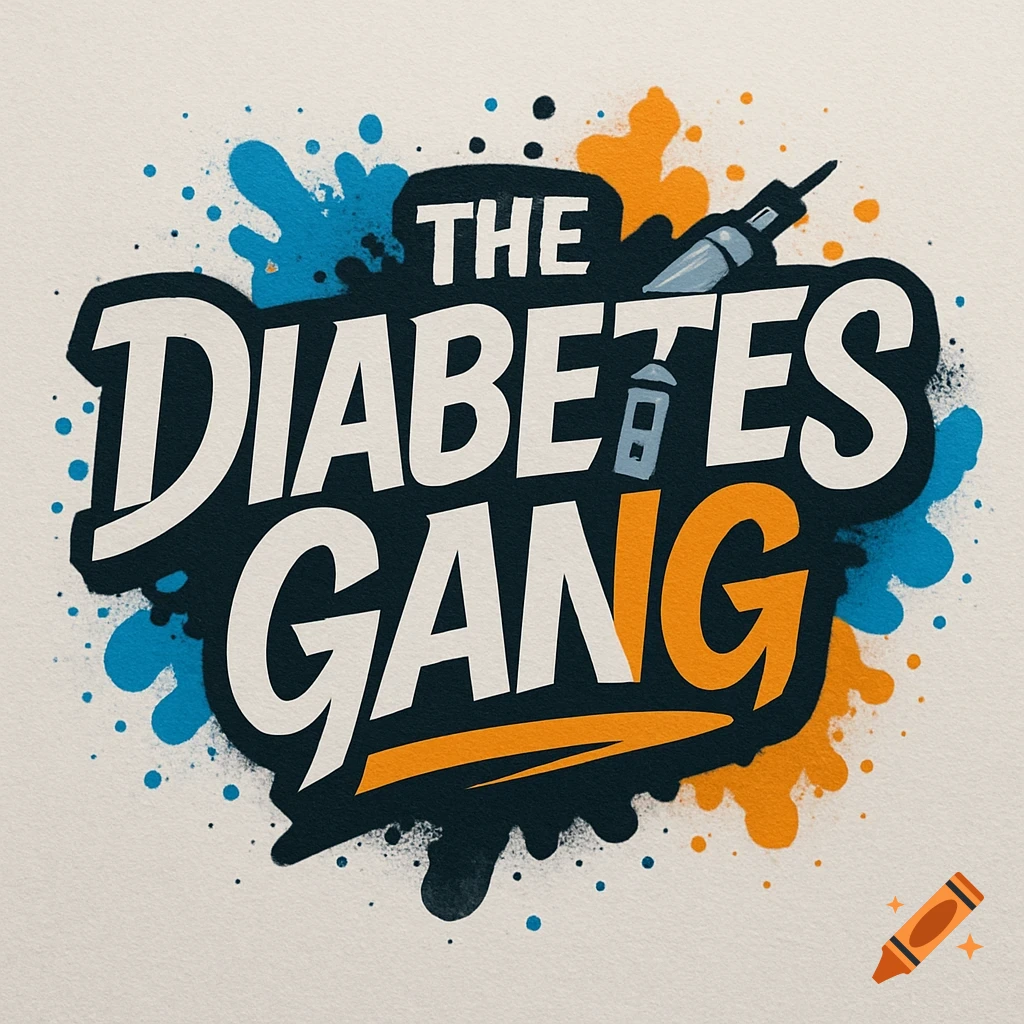 A logo with the words "THE DIABETES GANG" in white and orange on a dark blue shape with blue and orange paint splatters. It includes icons of an insulin pen and a glucose meter.