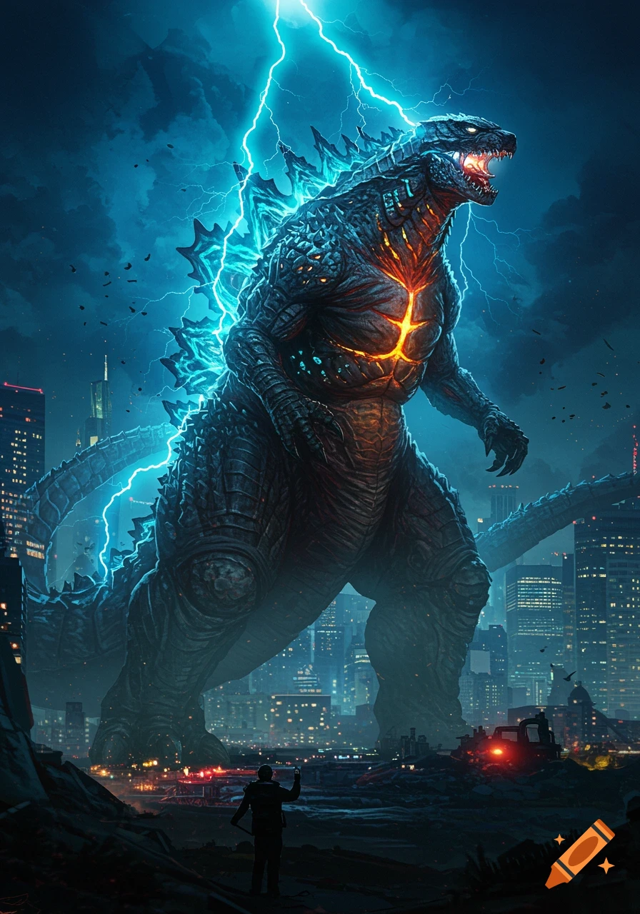 A colossal, glowing Godzilla stands in a dark, lightning-struck city as a small person watches from below. Photorealistic, dramatic style.