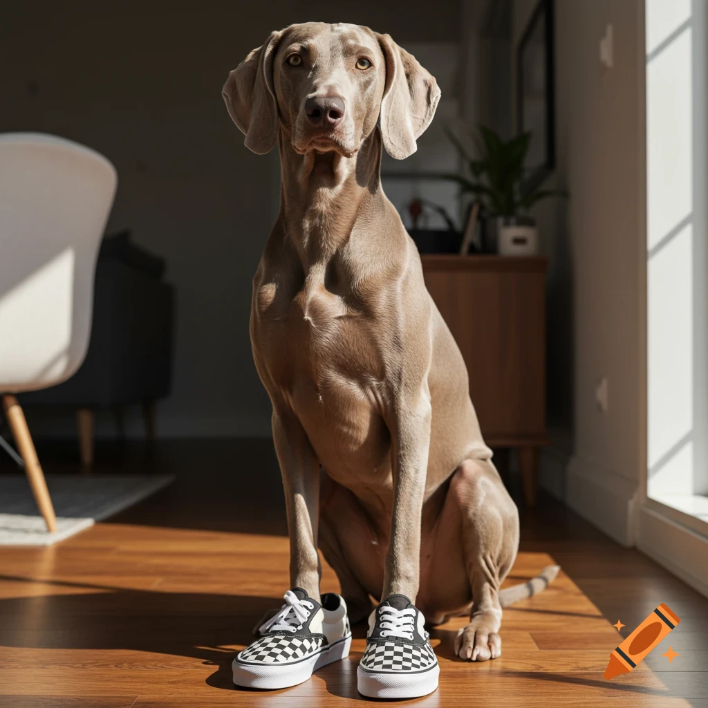 Photorealistic Weimaraner dog sitting indoors on a wooden floor, with black and white checkered Vans shoes in front of its paws.