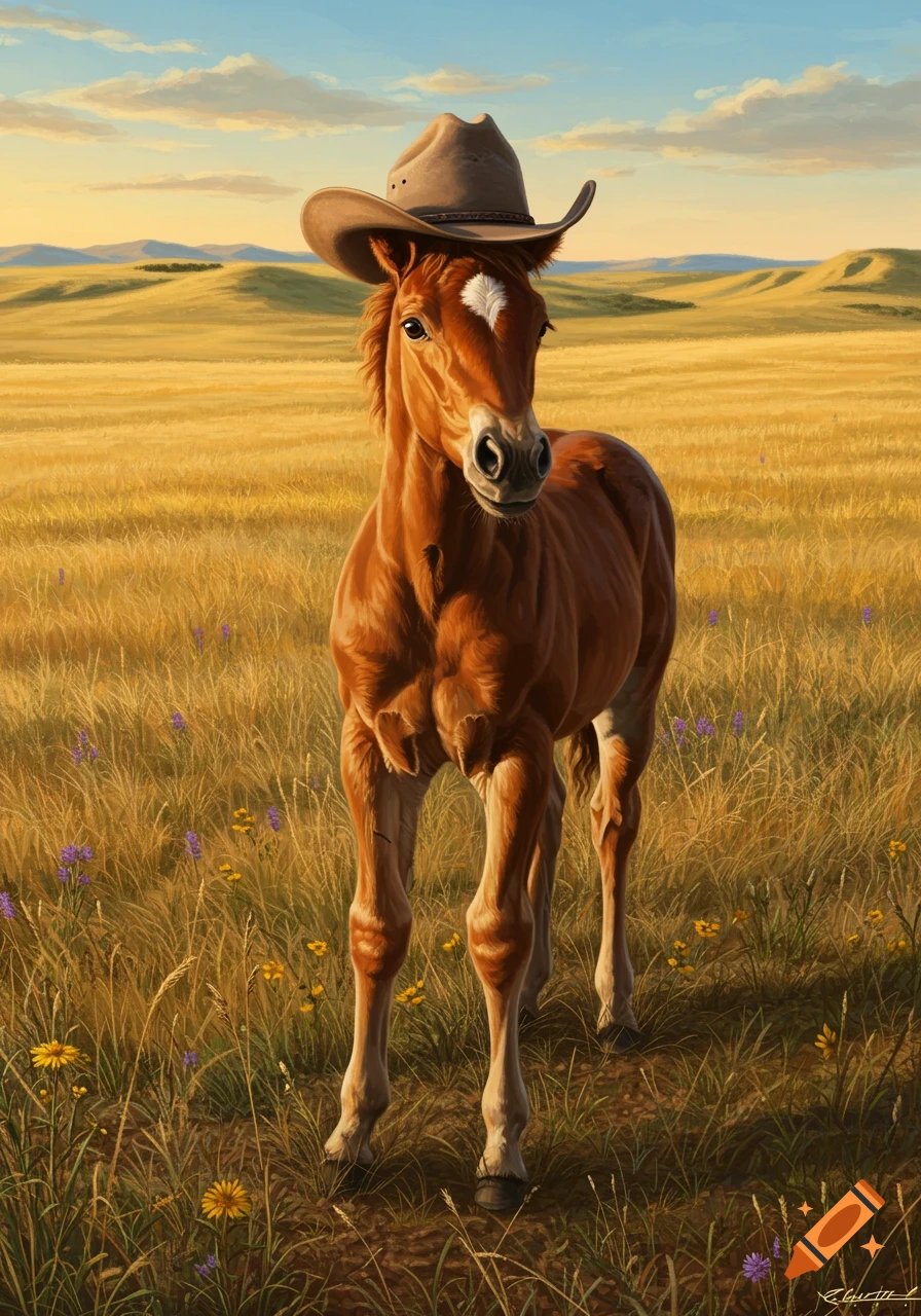 A cute colt wearing a brown cowboy hat stands in a golden field with wildflowers under a blue sky, painted style.