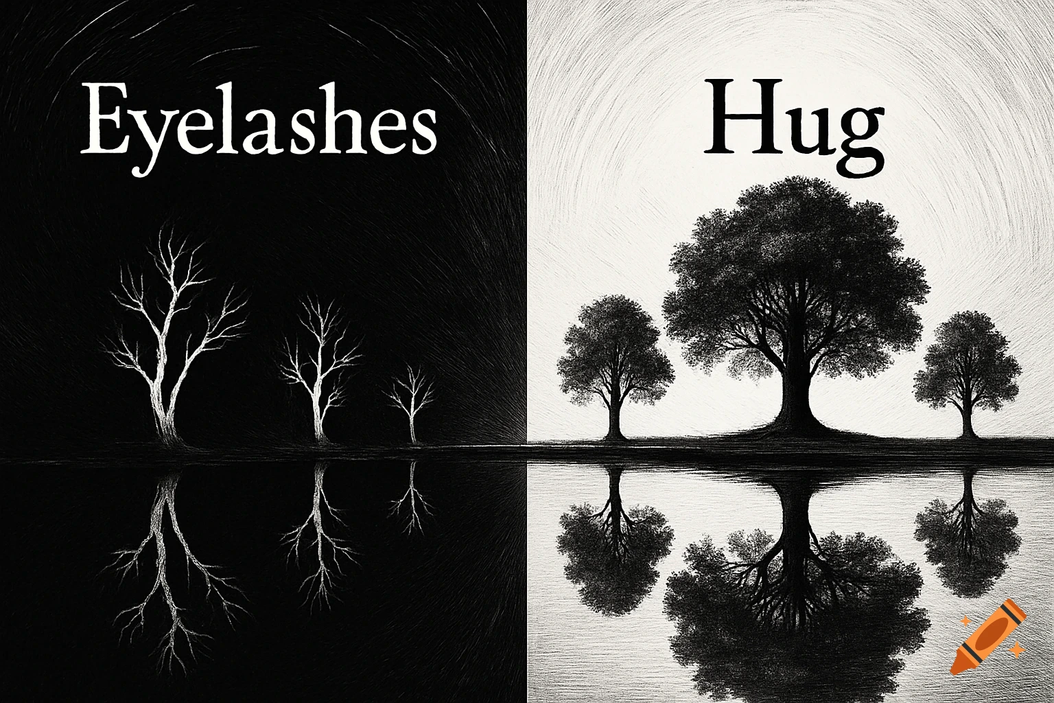 Monochrome illustration split into dark and light halves, showing trees with reflections; 'Eyelashes' on the left, 'Hug' on the right.
