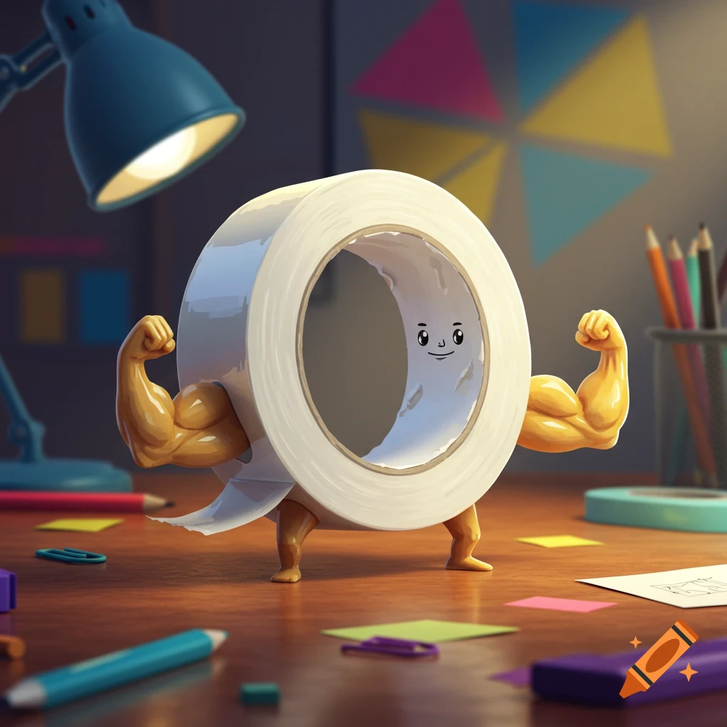 A cartoon roll of white adhesive tape with muscular arms and legs stands on a wooden desk with office supplies.