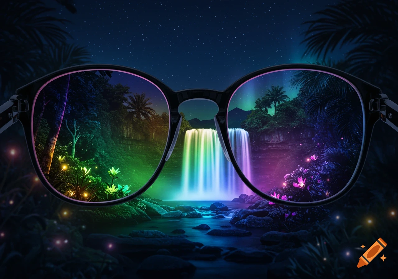 Eyeglasses viewing a vibrant rainbow waterfall in a glowing magical oasis at night under a starry sky.