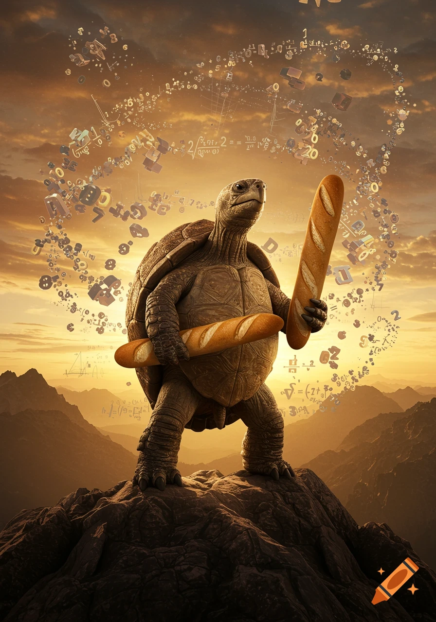 A giant, wise-looking turtle stands majestically on a mountain peak at sunset, wielding two baguettes like weapons. Swirling around him are numerous floating numbers and mathematical equations.