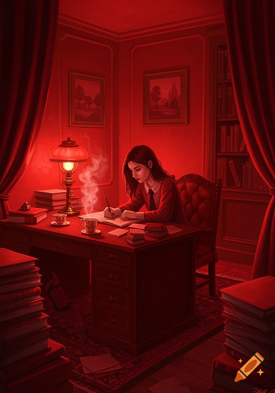 An illustration of a young woman in a red room, illuminated by a lamp, writing at a desk surrounded by books and papers.