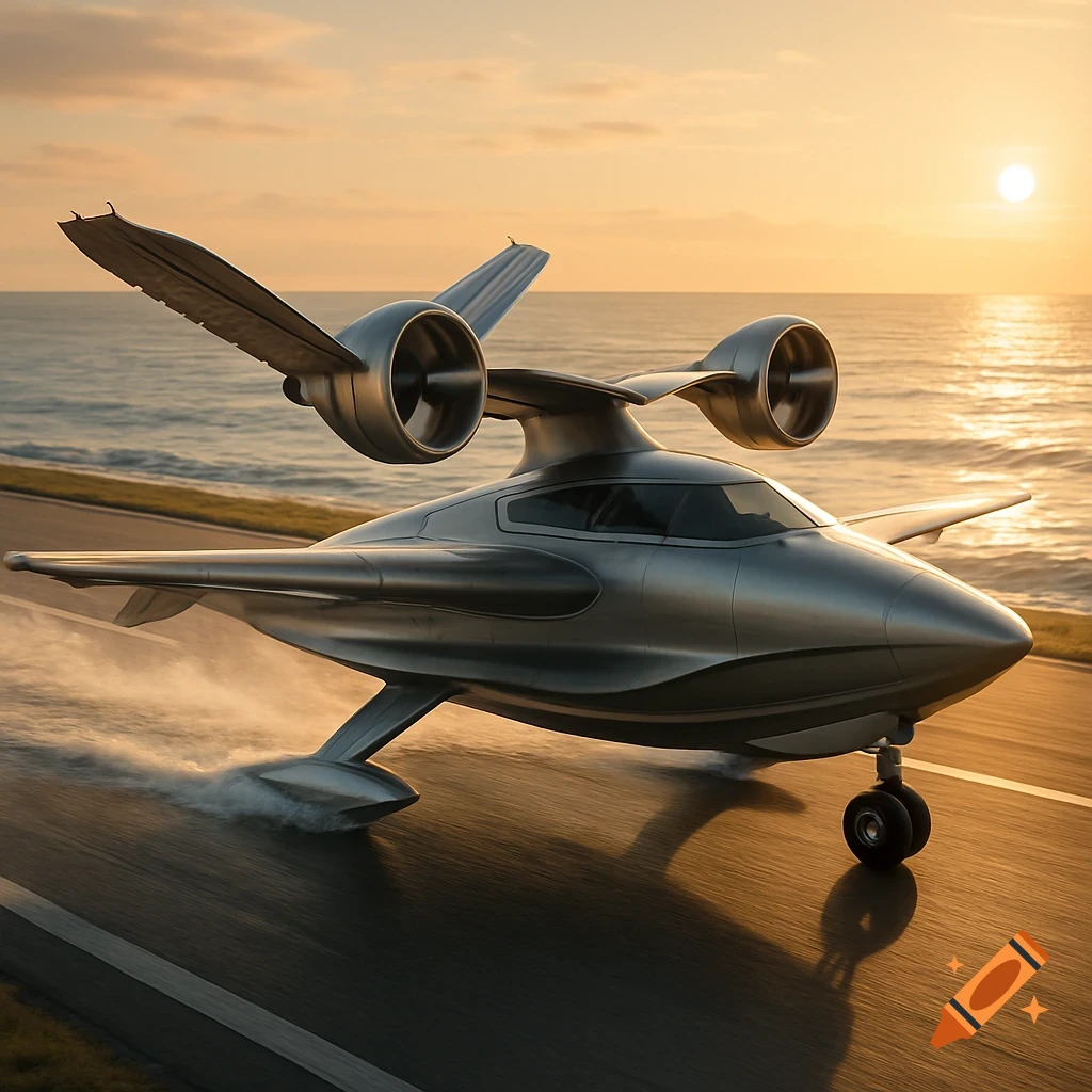 A sleek silver futuristic hybrid aircraft and boat on a runway near the ocean at sunset, leaving a trail of mist.