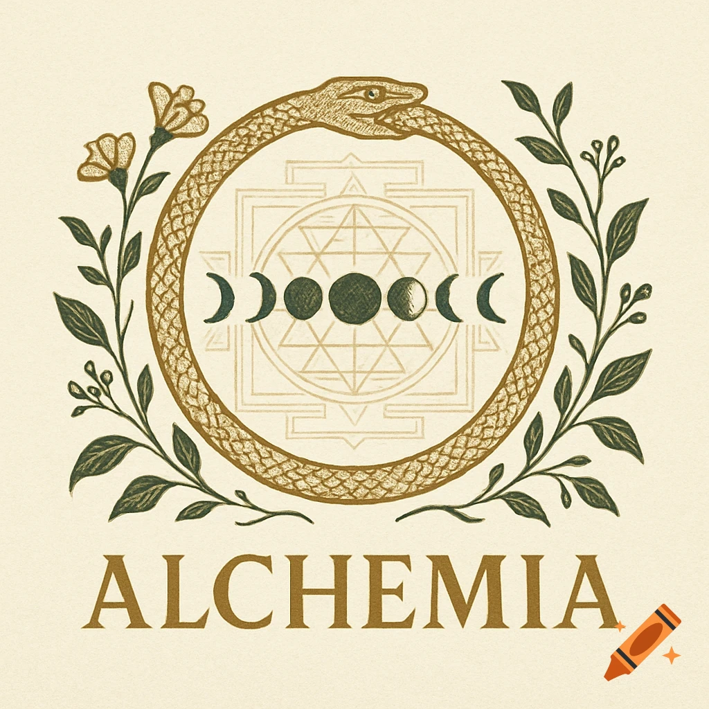 An alchemical logo featuring an ouroboros snake encircling moon phases and a yantra symbol, with botanical elements and the word 'ALCHEMIA' below.