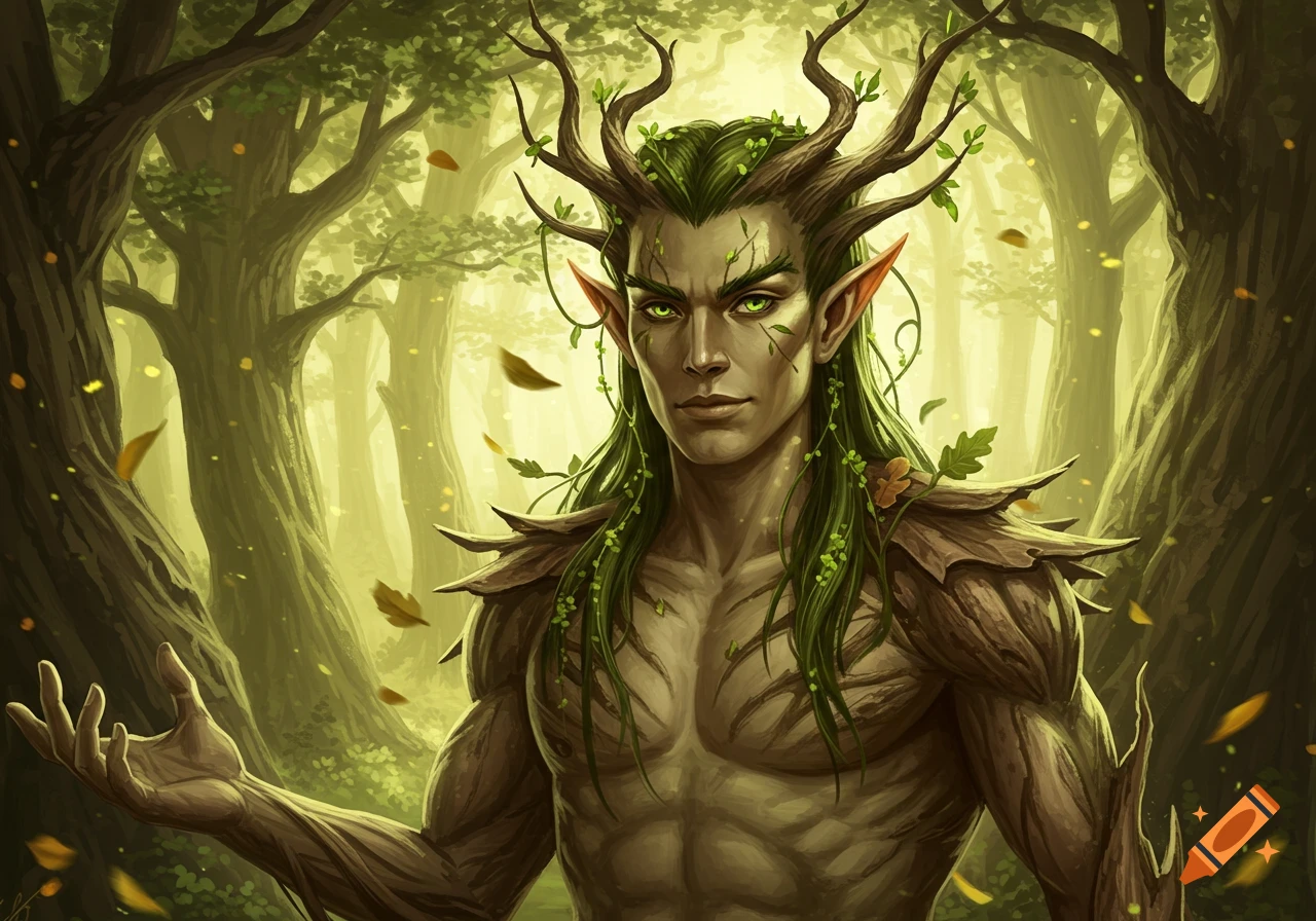 A fantasy male character, half-elf, half-dryad, with green hair, antlers, and bark-like skin, stands in a mystical forest.