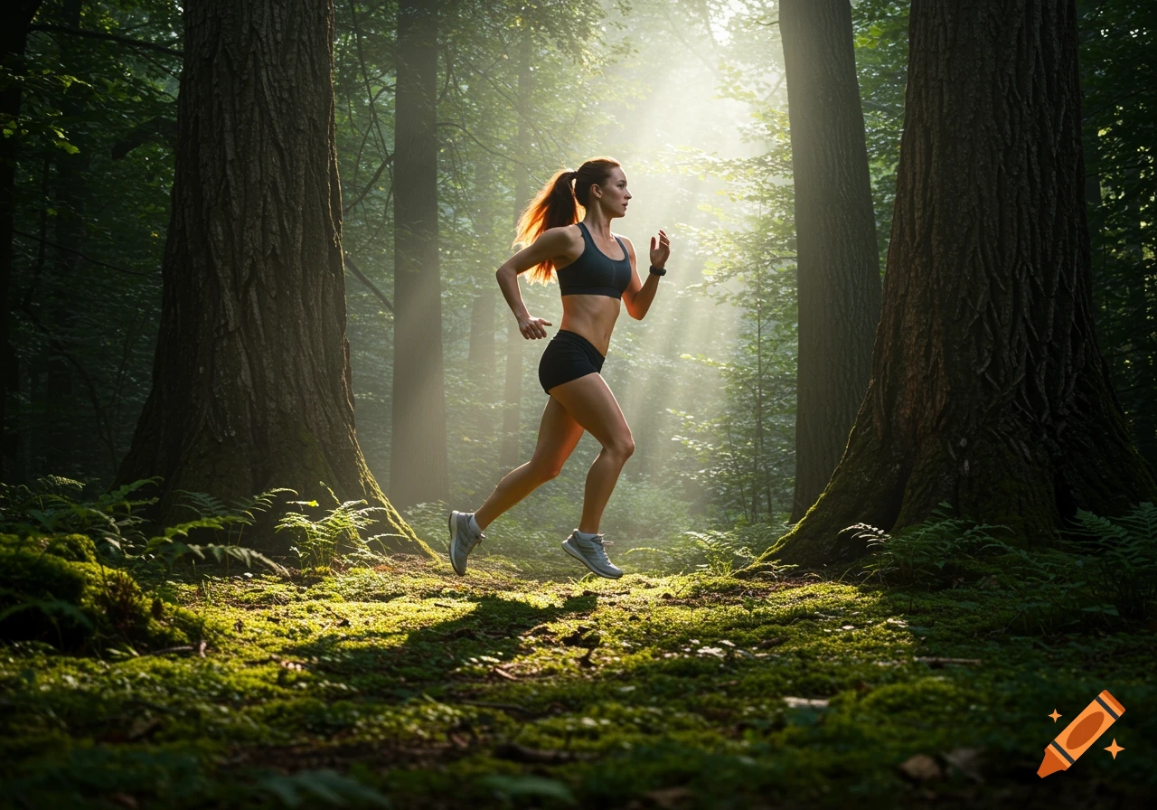 A woman running on a mossy forest floor, with sunlight streaming through the trees.