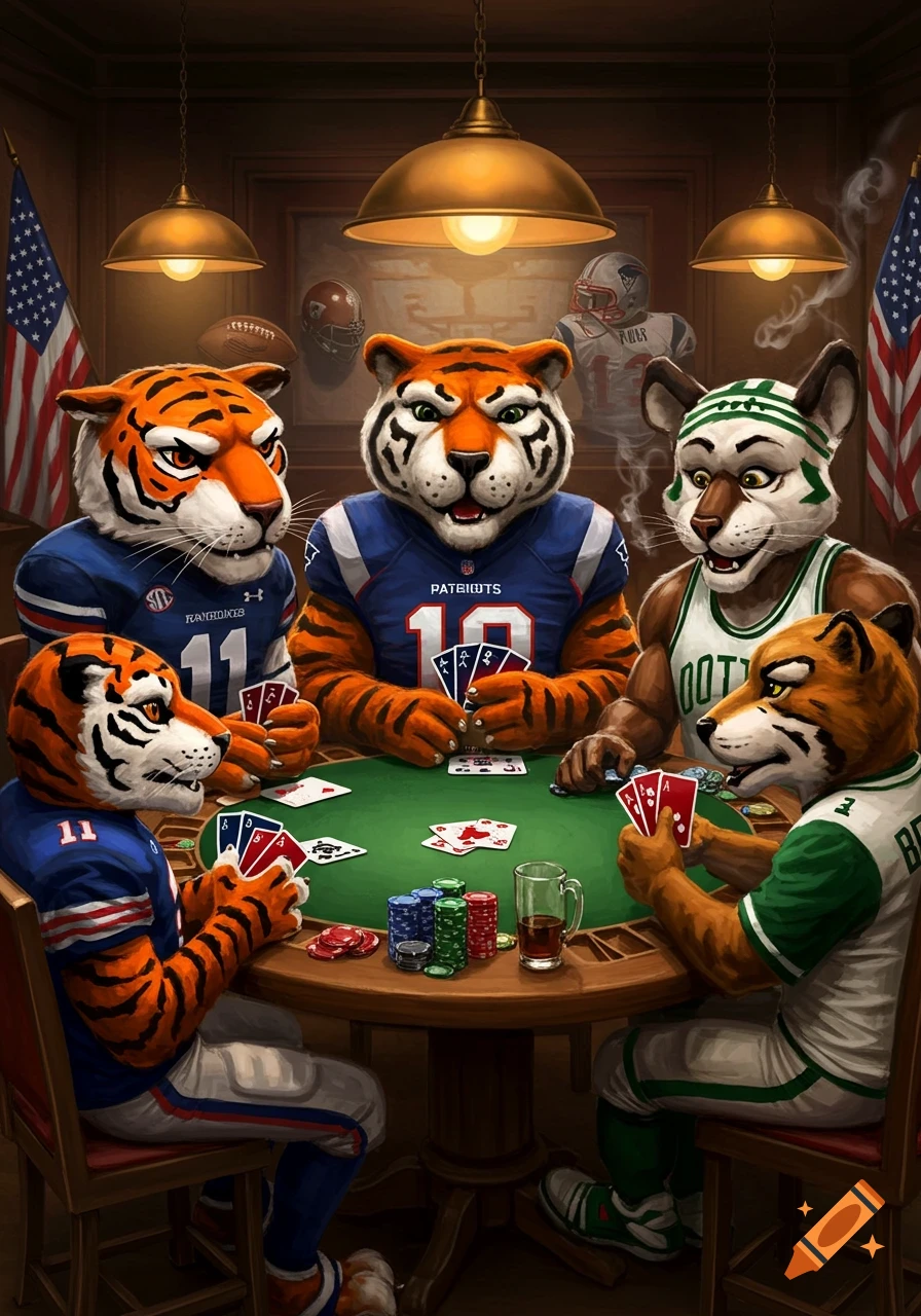 Anthropomorphic tiger and other animal mascots in sports jerseys play poker at a table in a dimly lit room with American flags.