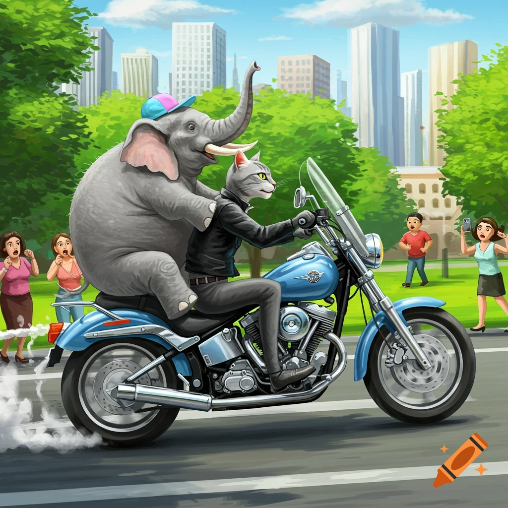 A cartoon gray cat drives a blue motorcycle with a large gray elephant riding on the back, past surprised people in a city park.