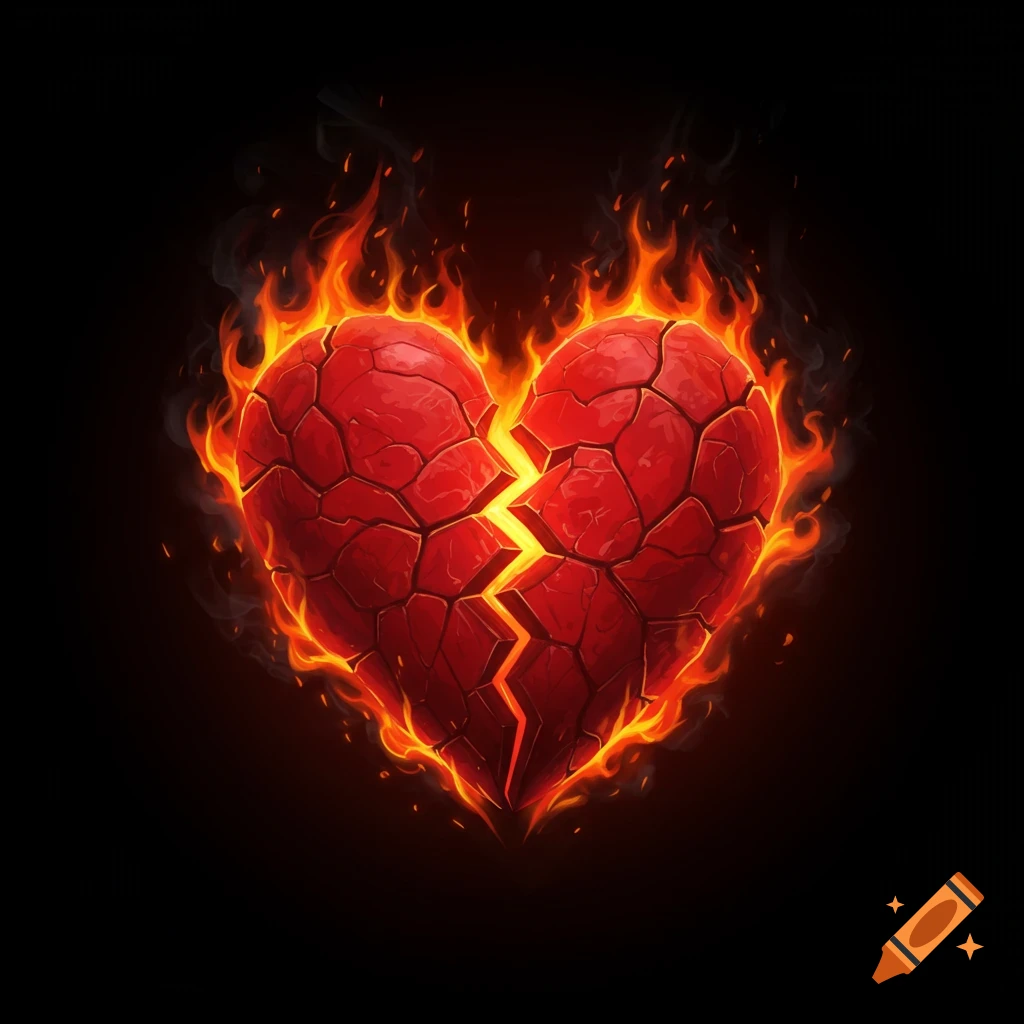 A red cracked heart glows with bright orange flames against a dark  background, depicting a fiery broken heart. on Craiyon, image size:1024x1024