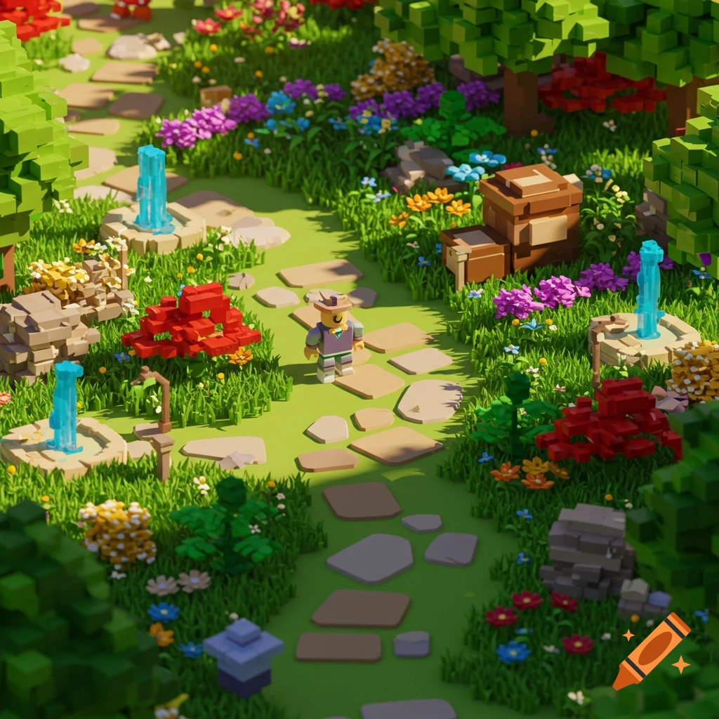 A voxel art landscape featuring a Roblox character walking on a stone path through a colorful garden with trees, flowers, and glowing blue fountains.
