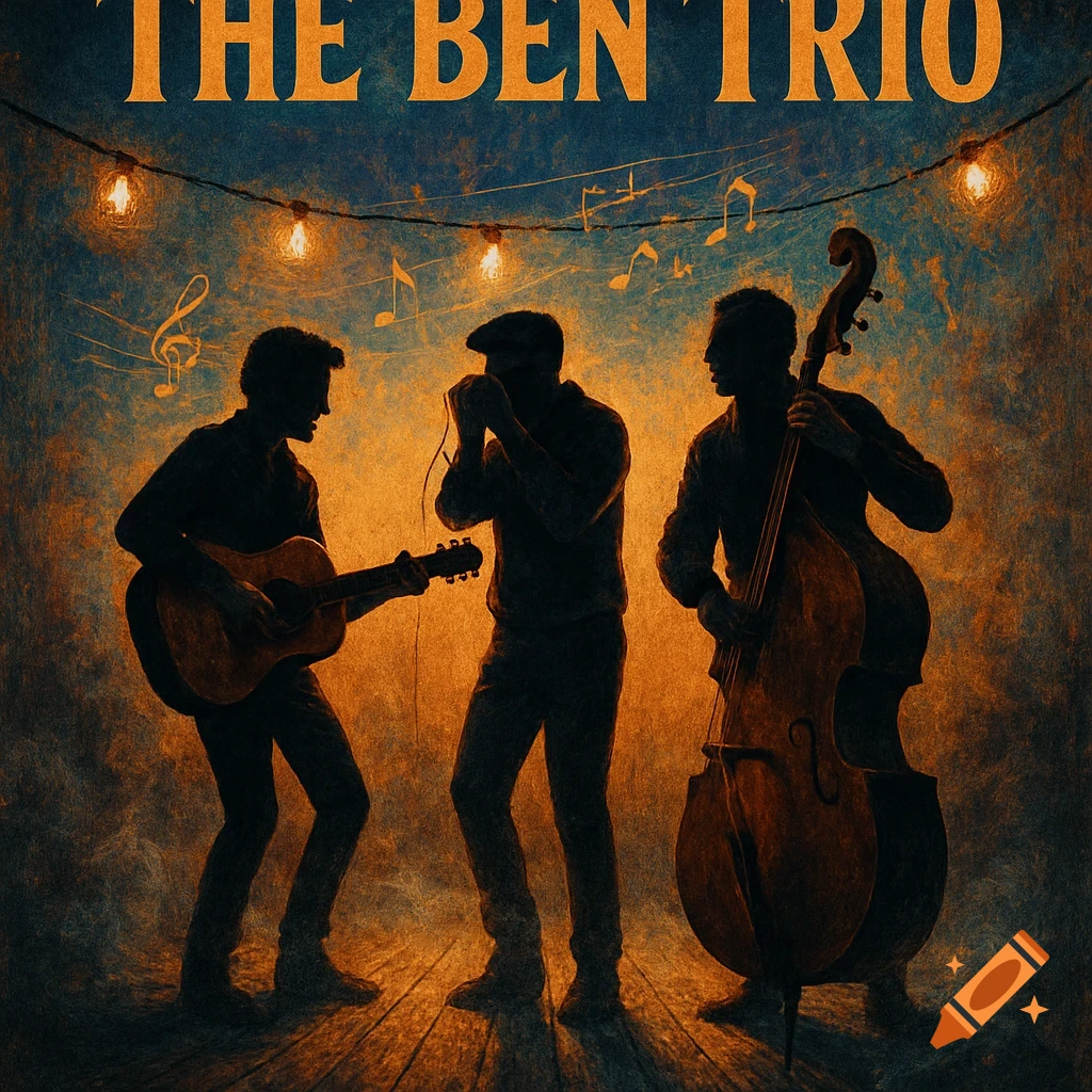 A bluesy band poster showing three silhouetted musicians playing guitar, harmonica, and upright bass under string lights, with 'THE BEN TRIO' text.