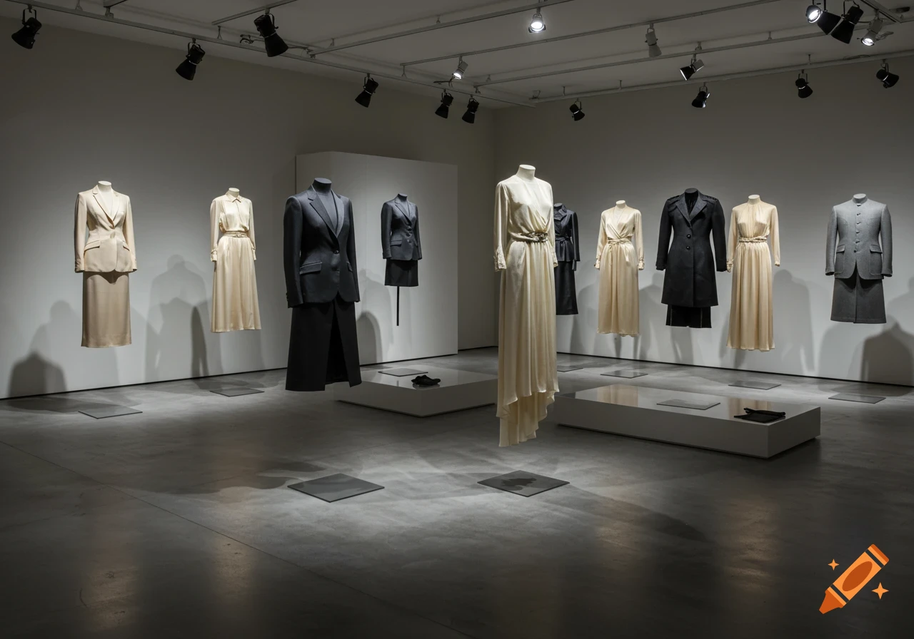 Floating mannequins display suits and dresses in a minimalist museum exhibition with spotlights.