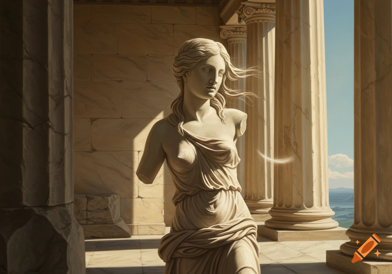 A classical marble statue of a draped woman with broken arms, standing among columns of an ancient Greek temple overlooking the sea.