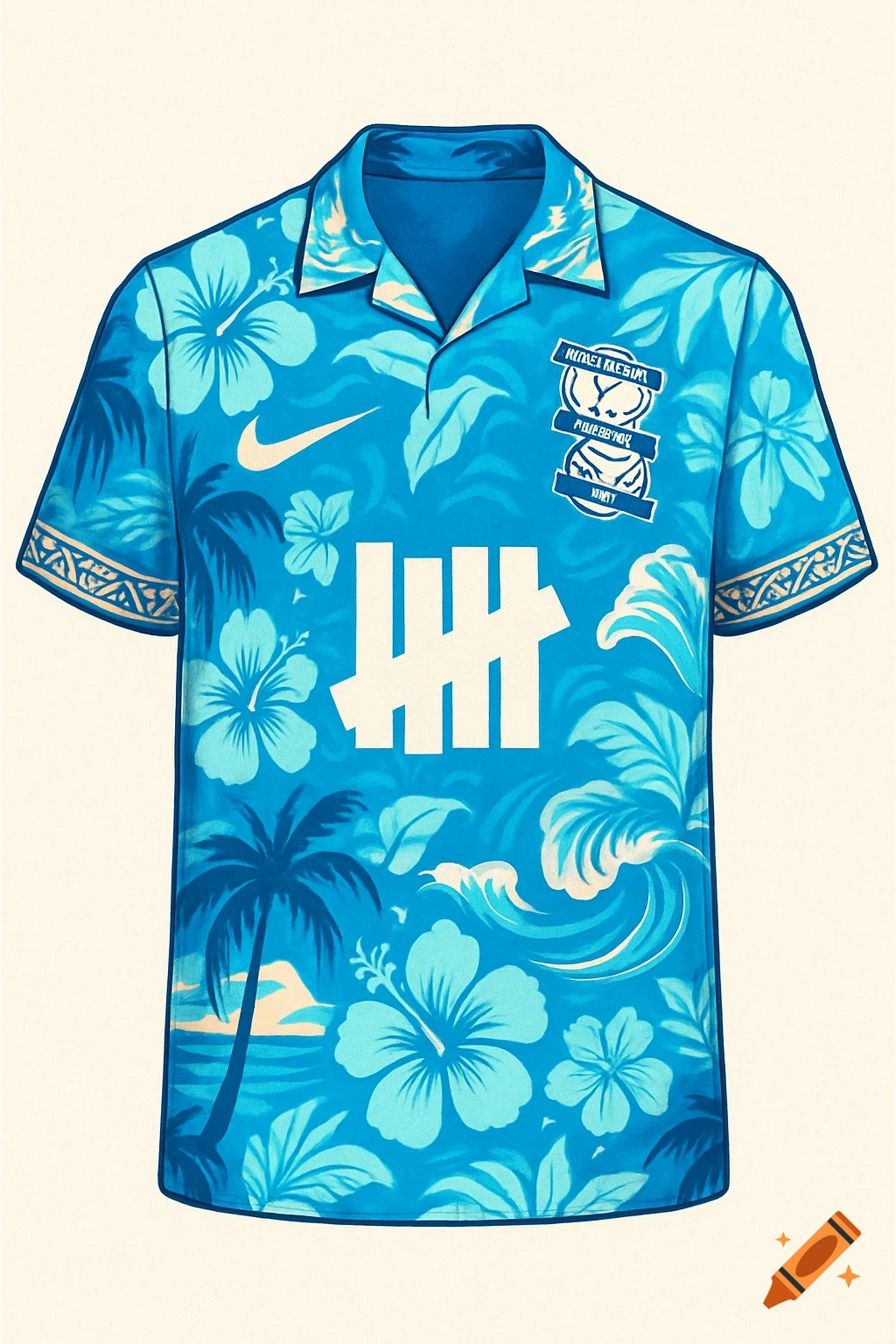 A vibrant blue Hawaiian-style shirt with a floral and palm tree pattern, featuring a Nike swoosh and a white Undefeated tally mark logo, with a small decorative badge on the right.