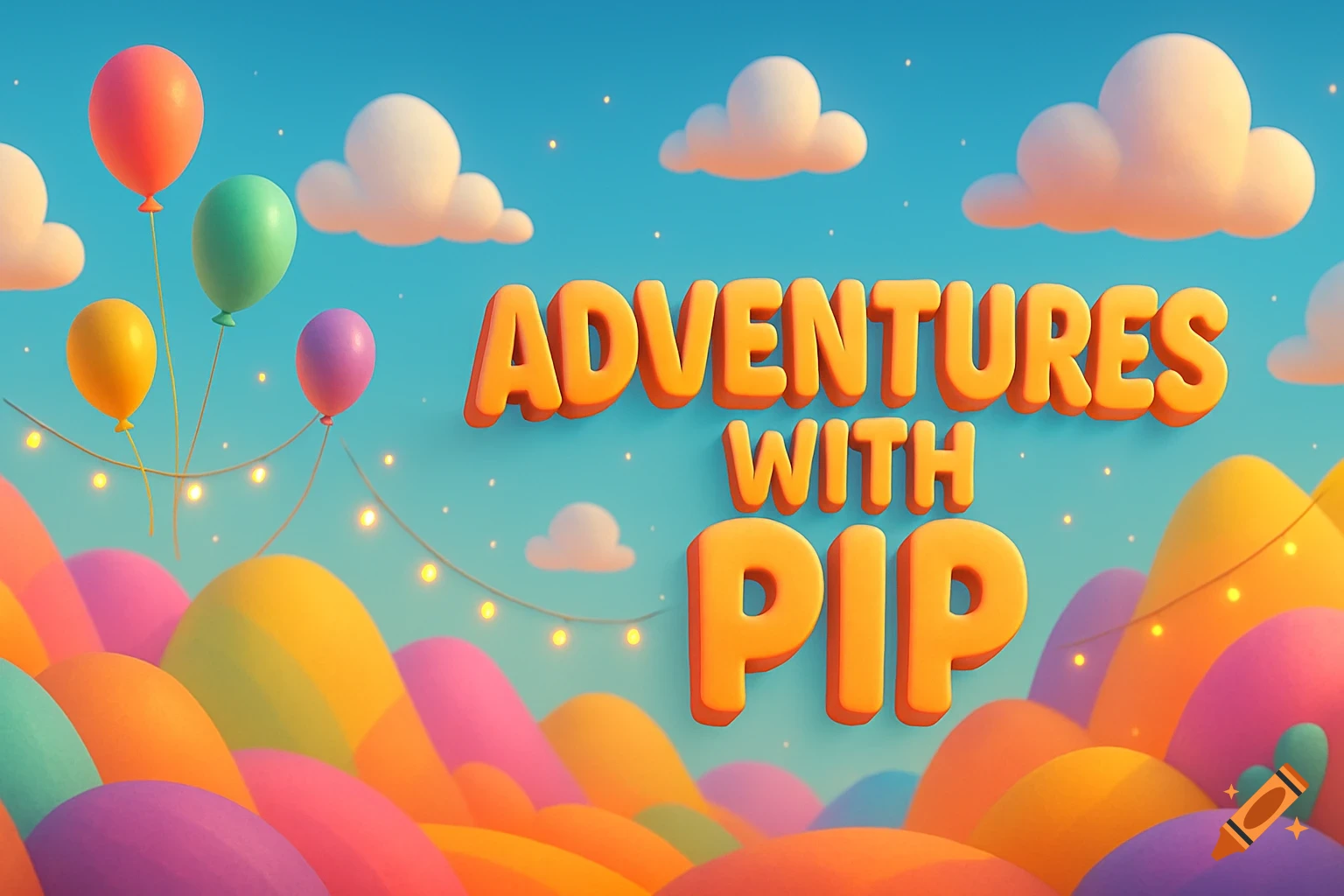 A whimsical 3D cartoon landscape with candy-coloured hills, a blue sky, fluffy clouds, balloons, and fairy lights. Bold orange text reads "ADVENTURES WITH PIP".