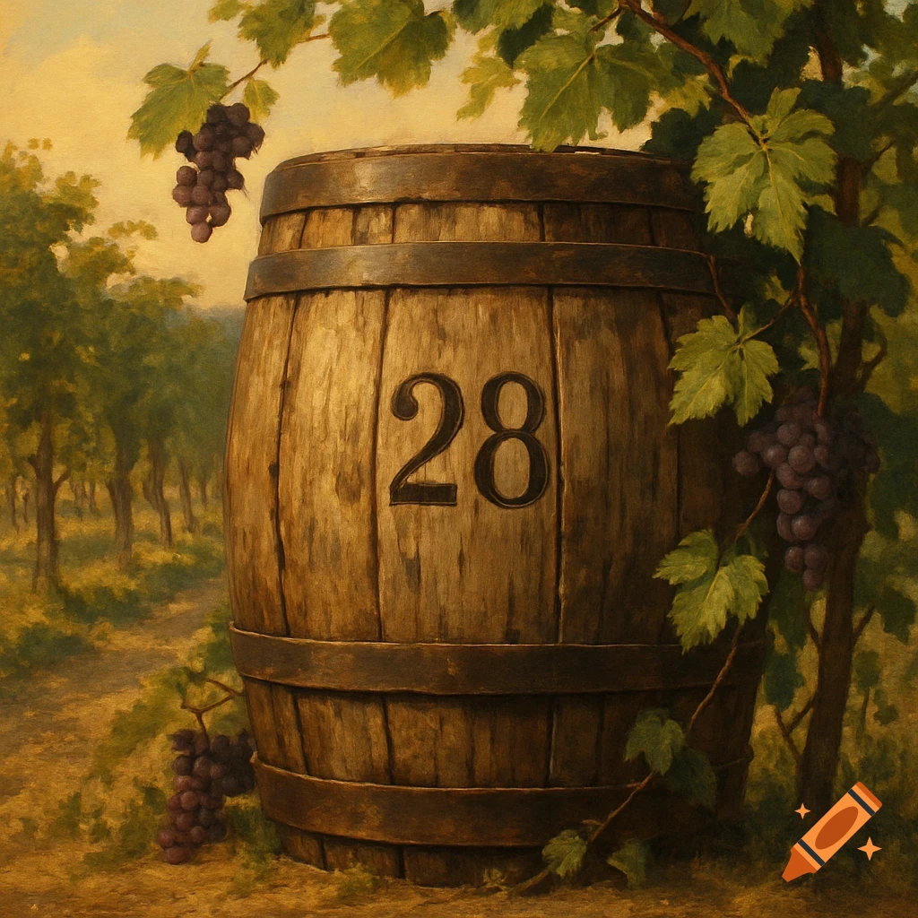 A rustic wooden barrel with the number 28, adorned with grapevines and ripe grapes, in a sunlit vineyard. Painted in an oil style.