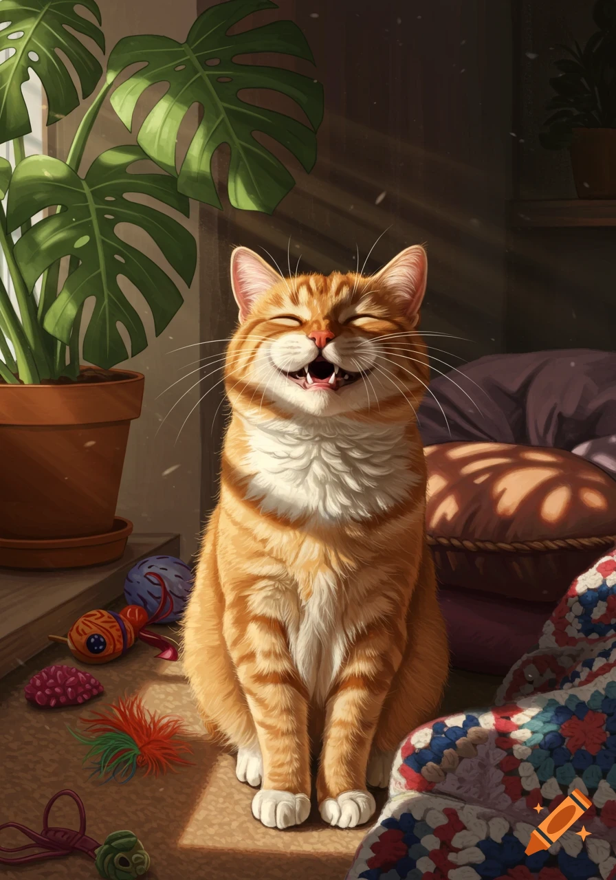 A happy orange tabby cat with eyes closed and an open mouth sits in a sunbeam indoors, surrounded by toys and a plant, in a vibrant digital art style.