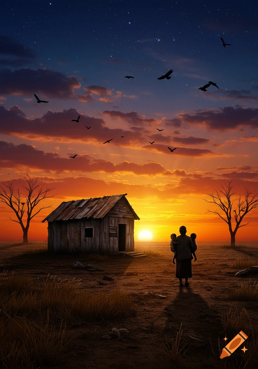 A silhouette of a person carrying two children walks towards a dilapidated shack at sunset, with birds flying in the dramatic orange and blue sky.