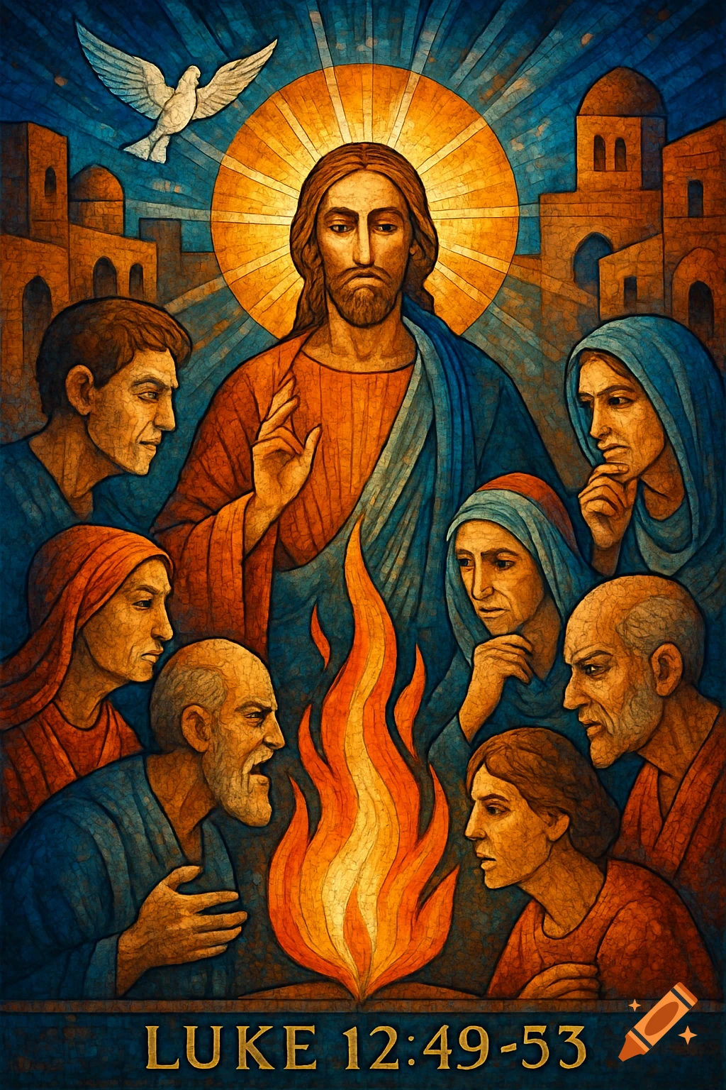 Stained glass mosaic of Jesus and disciples around a fire, with a dove and city background. Text reads LUKE 12:49-53.