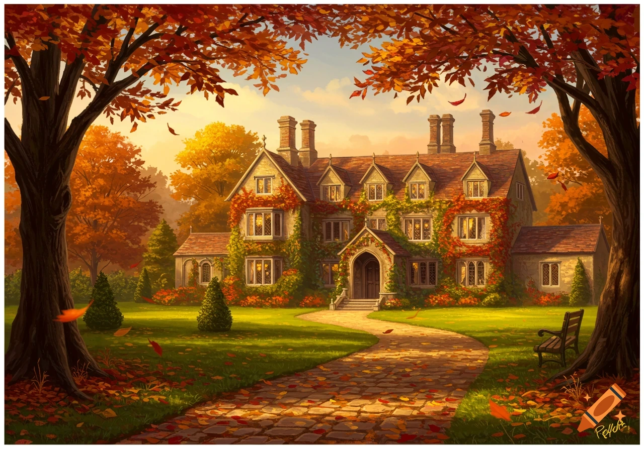A picturesque manor house covered in ivy, surrounded by vibrant orange and red autumn trees, with a winding path leading to the entrance under a warm sky, in a painterly style.